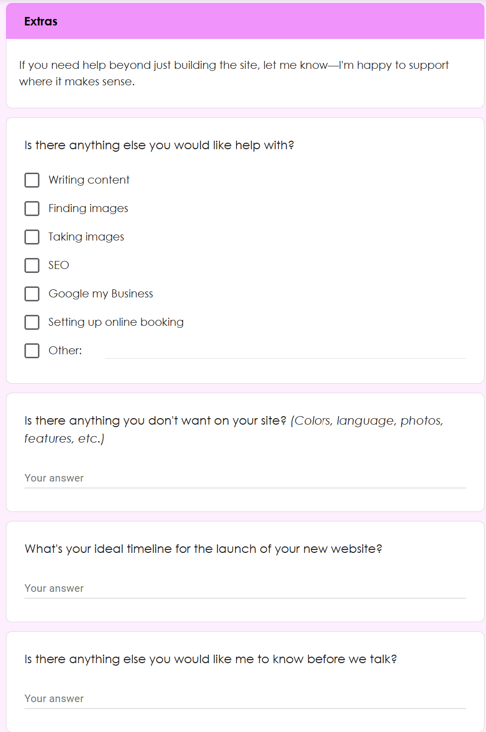 Final page of the discovery questions