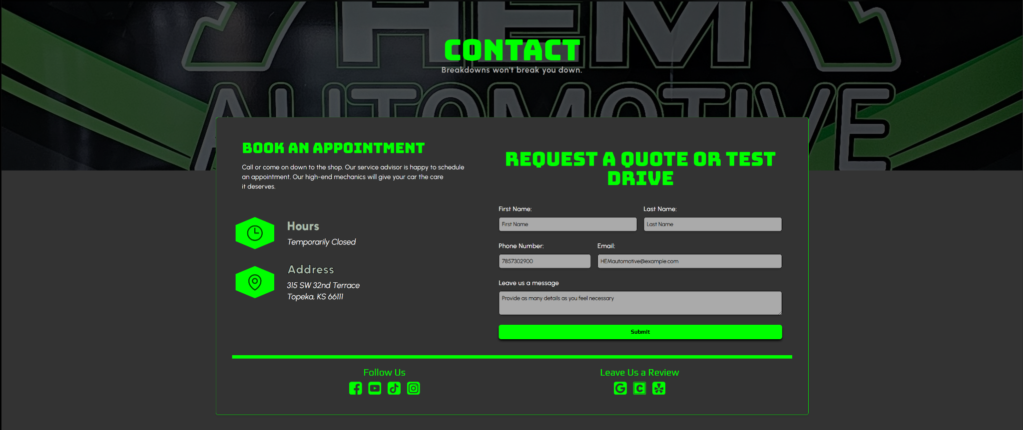 HEM Automotive contact page screenshot