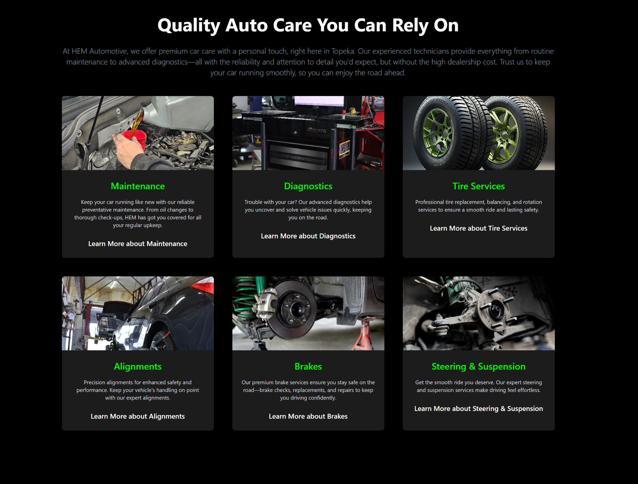 HEM Automotive services page screenshot