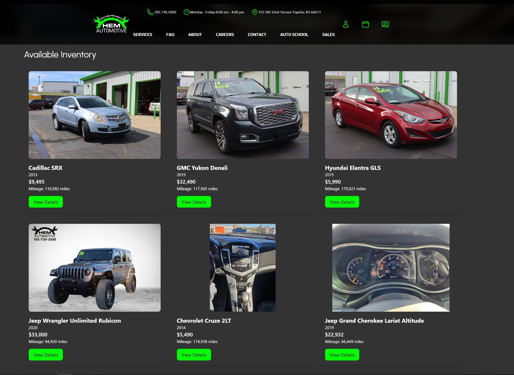 HEM Automotive vehicle inventory page screenshot