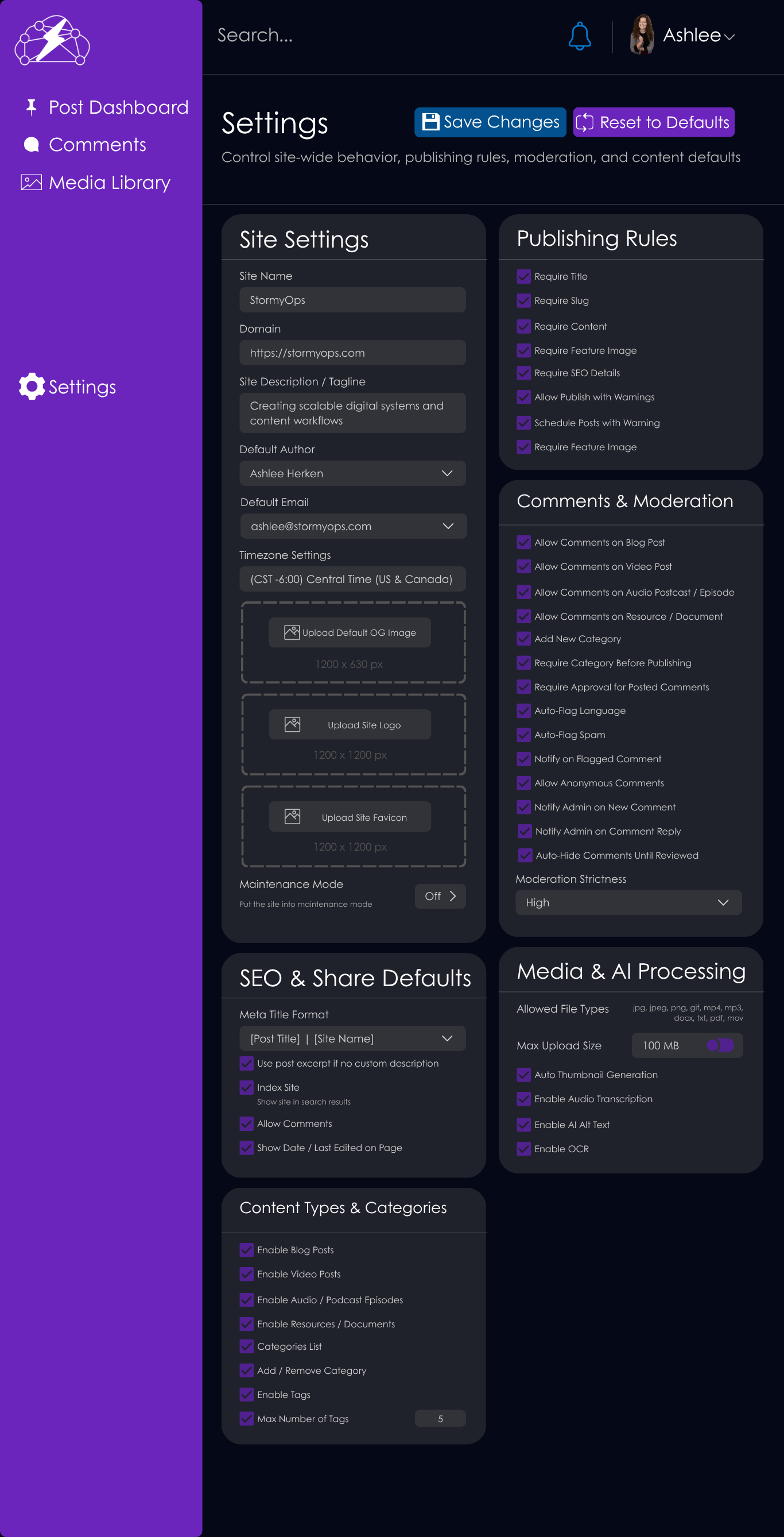StormyOps CMS settings screen